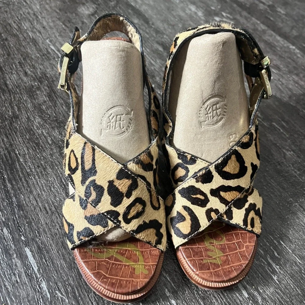 Sam Edelman Leopard Print Calf Hair Block Heel Sandals‎ Size 5.5 M